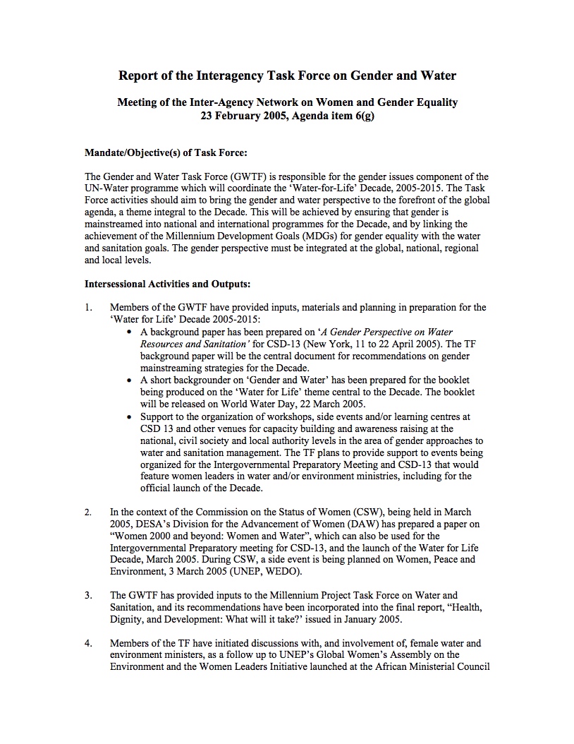 Task Force on Gender and Water, Report 2004-2005