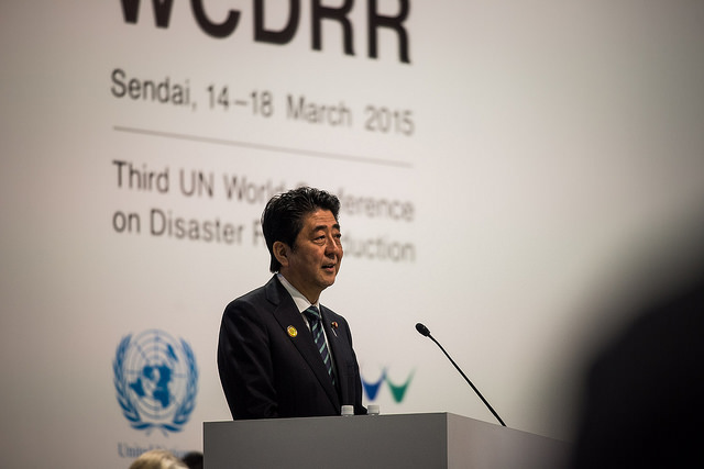 Prime Minister of Japan, Shinzo Abe, at the Third UN World Conference on Disaster Risk Reduction in March 2015 in Sendai City, Miyagi Prefecture, Japan. Photo UN ISDR