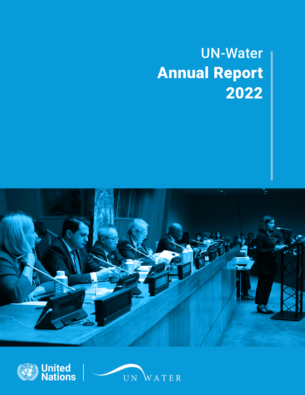 Cover of UN-Water Annual Report 2022 with photo of panel with a blue filter.